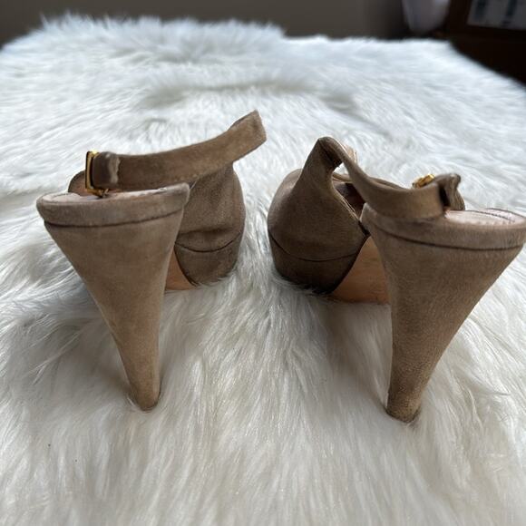 Gastone Lucioli Beige Suede Peep Toe Slingback Heels - Picture 4 of 9